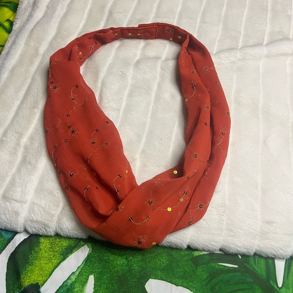 Lizzie’s Snappy Handmade Dark Orange Sequin Embroidered Fall Lightweight Scarf